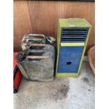 A VINATGE ALADDIN PARAFIN GREENHOUSE HEATER AND TWO VINTAGE JERRY CANS