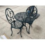 A CAST ALLOY GARDEN TABLE 24 INCH DIAMETER AND TWO CHAIRS