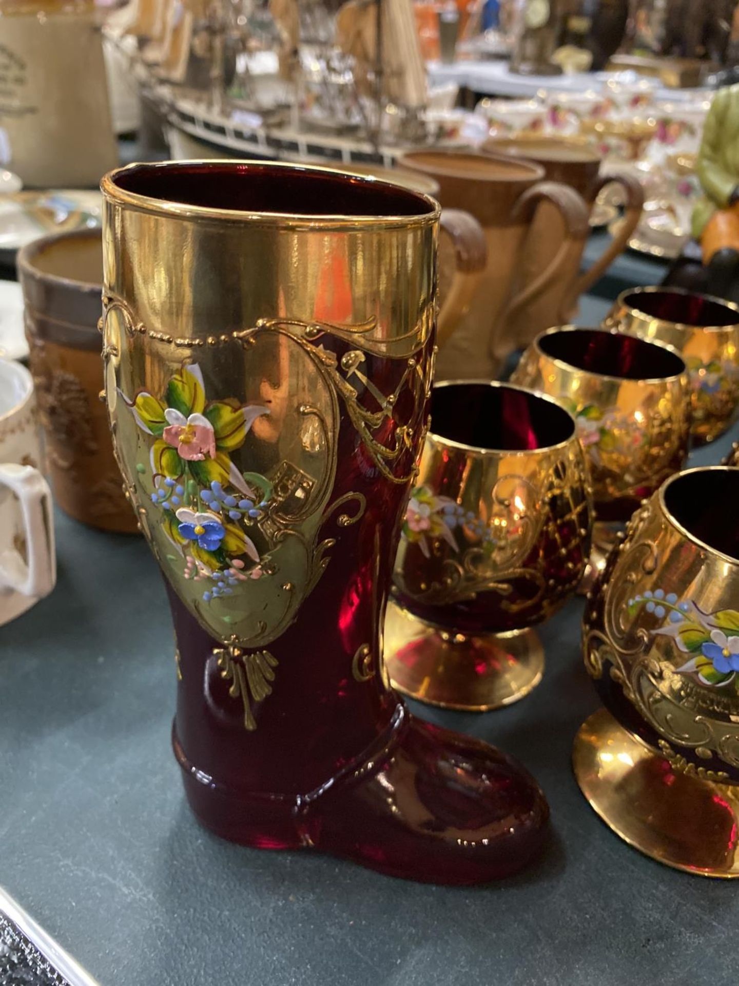 SIX GILDED DECORATIVE RED GLASSES AND A MATCHING BOOT - Image 2 of 3