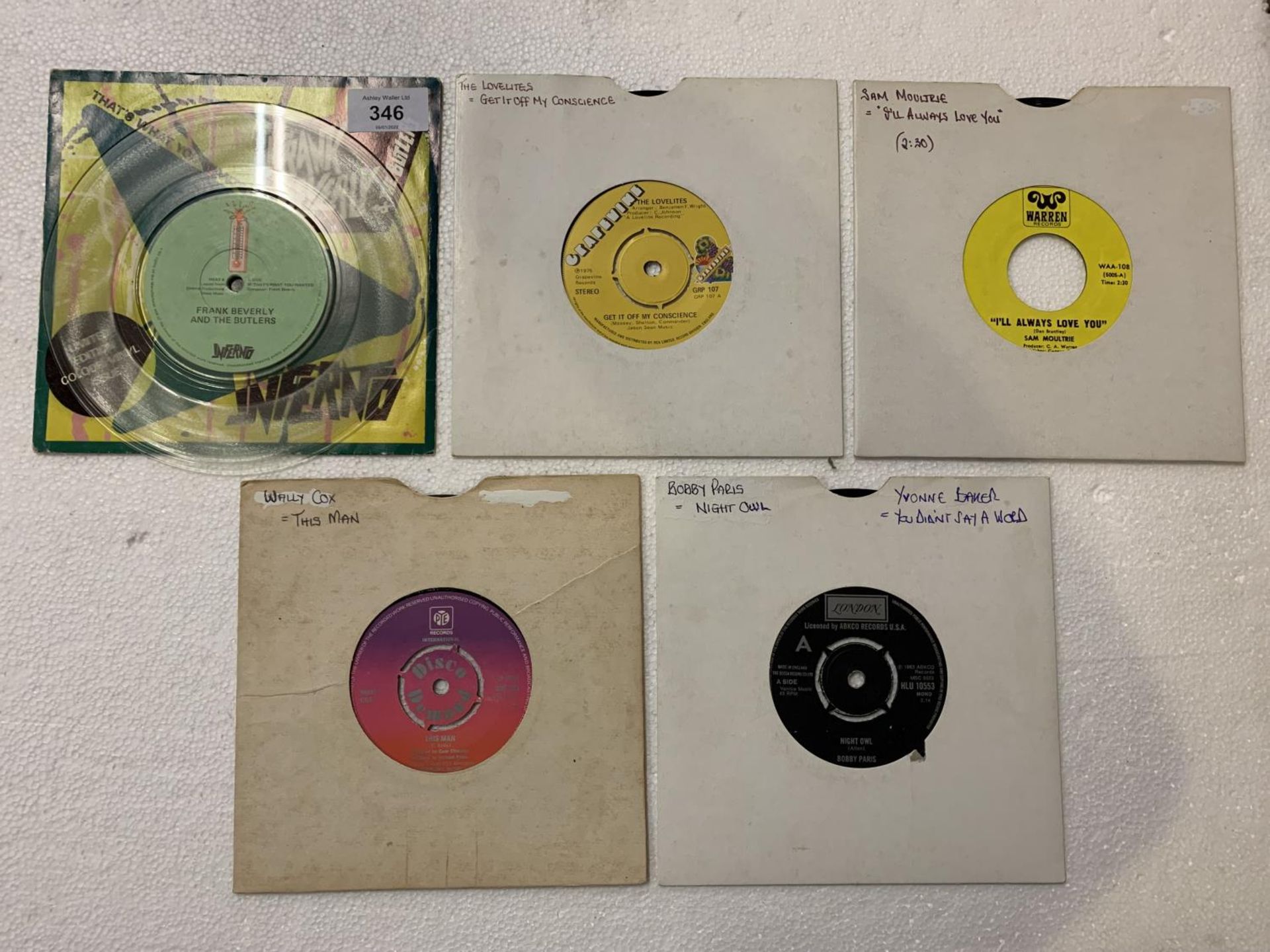 FIVE 7 INCH VINYL FUNK / SOUL RECORDS, ONE BEING CLEAR VINYL TO INCLUDE: THE LOVELITES, FRANK