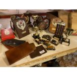 A COLLECTION OF SPORTING TROPHIES, WALLETS, TOY CARS, ETC