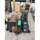 AN ASSORTMENT OF GARDEN TOOLS TO INCLUDE A BLACK AND DECKER LAWN MOWER, GARDEN SHEARS AND CROWBAR