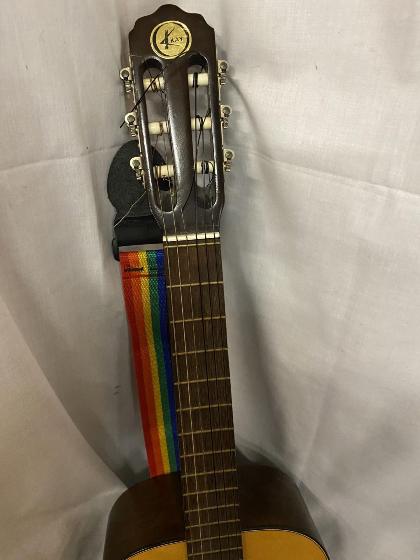 A KAY ACCOUSTIC GUITAR WITH A RAINBOW COLOURED STRAP - Image 2 of 4
