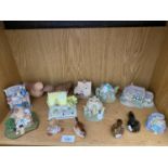 AN ASSORTMENT OF ITEMS TYO INCLUDE CERAMIC BIRD FIGURES AND COTTAGE FIGURES ETC