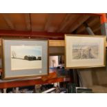 TWO FRAMED PICTURES, BOTH SIGNED, ONE OF A BARN IN WINTER BY PETER BROOK?, THE OTHER LOOKS LIKE