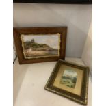 TWO FRAMED WATERCOLOURS, ONE BEING 'CORNISH MIRE/BEACH SCENE' AND A WELSH CASTLE