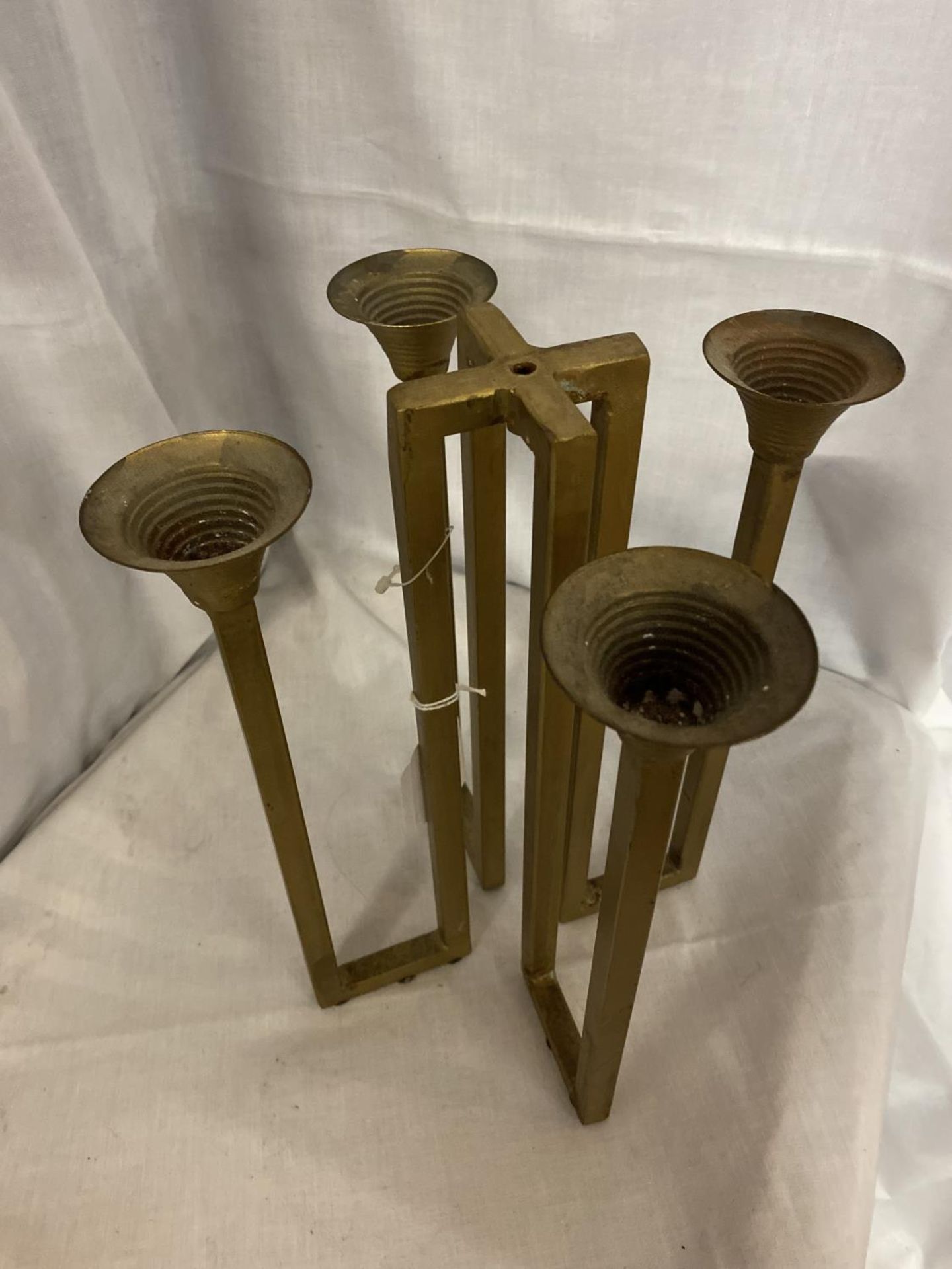 A BRASS GOTHIC STYLE FOUR BRANCH CANDLESTICK - Image 3 of 3