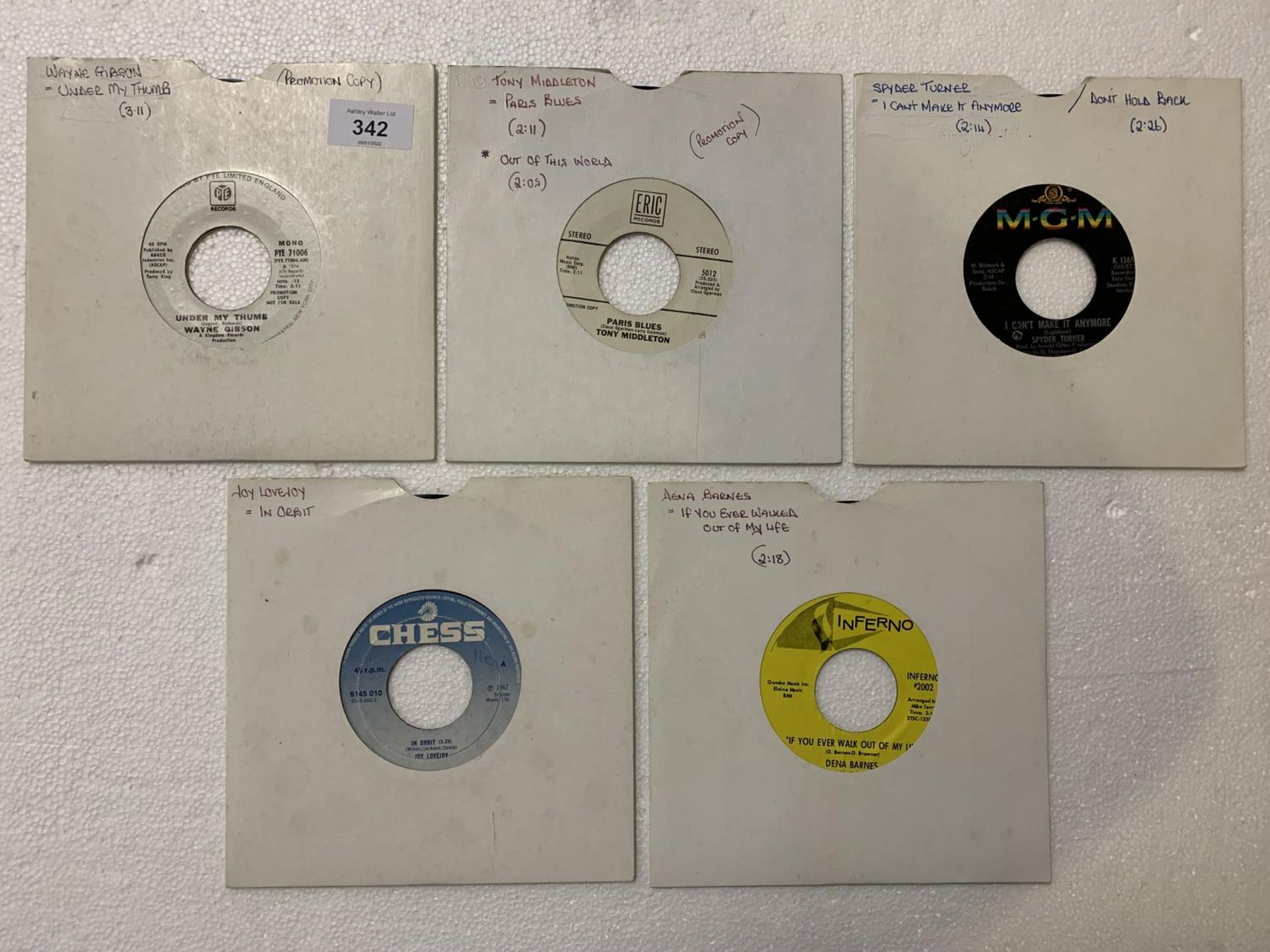 FIVE 7 INCH VINYL FUNK / SOUL RECORDS, TWO BEING PROMOTIONAL COPIES TO INCLUDE: WAYNE GIBSON, TOM