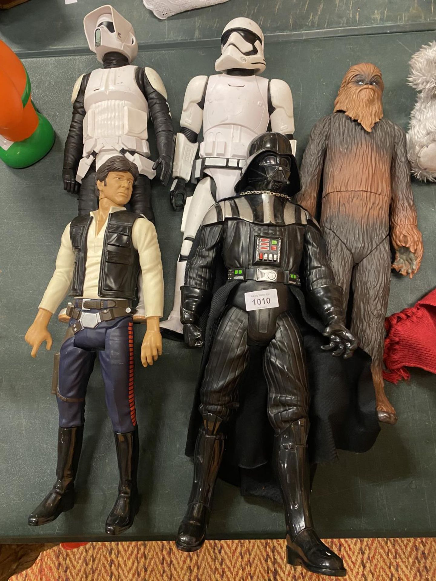 FIVE LARGE STAR WARS FIGURES TO INCLUDE, DARTH VADER, CHEWBACCA, STORM TROOPERS, ETC
