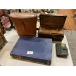 A MAHOGANY TEA CADDY, BINOCULARS, A PACK OF SHELL PLAYING CARDS, ETC