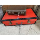 A LARGE VINTAGE RED TRAVEL CASE AND A FURTHER VINTAGE BRIEFCASE