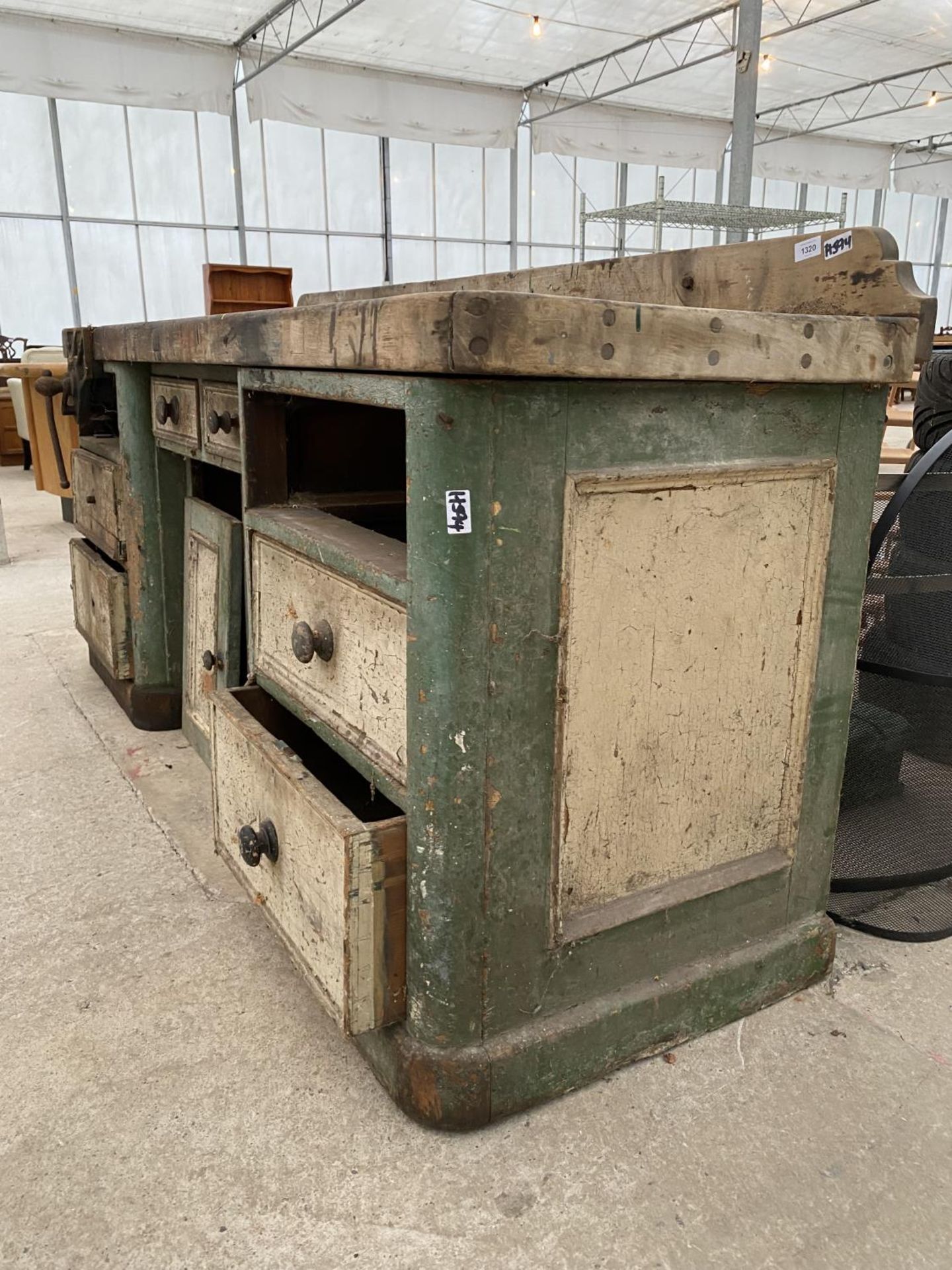 A LARGE VINTAGE WORK BENCH ENCLOSING SIX DRAWERS AND A LOWER CUPBOARD TO ALSO INCLUDE A RECORD BENCH - Image 3 of 6