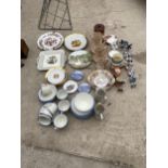 AN ASSORTMENT OF CERAMIC ITEMS TO INCLUDE BLUE AND WHITE FIGURES, JUGS AND PLATES ETC