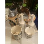 A QUANTITY OF CERAMIC ITEMS TO INCLUDE A SHIRE HORSE WITH HARNESS, A WEDGWOOD & CO LTD HEN,