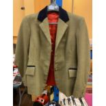 AN EQUIPORT SIZE 8 SHOWING JACKET, RED SILKY LINING, BACK VENTS, VELVET COLLAR