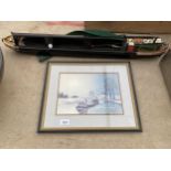 A FRAMED PRINT AND A MODEL OF A BOAT