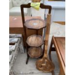 A MID 20TH CENTURY OAK AFTERNOON TEA STAND AND CARPET BEATER