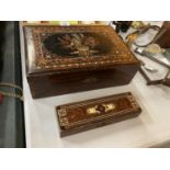 TWO DECORATIVE BOXES ONE WITH PENS ETC