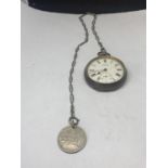 AN ANTIQUE ?H. SAMUEL? GUN METAL CASED POCKET WATCH WITH ATTACHED ALBERT CHAIN AND 1916 SILVER 2