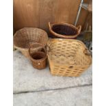 AN ASSORTMENT OF FOUR WICKER BASKETS TO INCLUDE A TWIN HANDLED LOG BASKET ETC