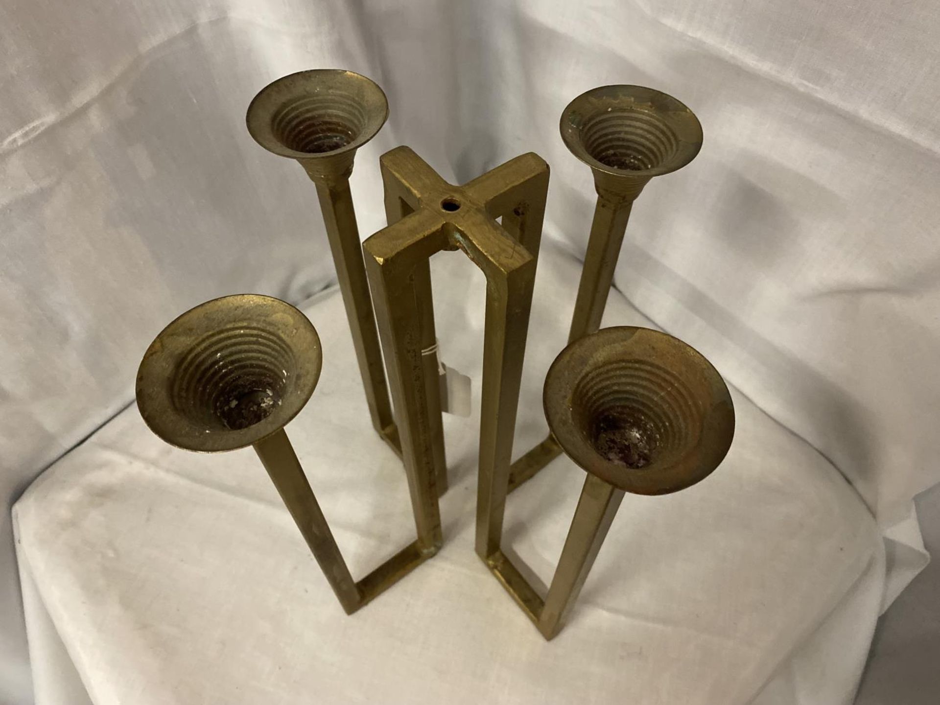 A BRASS GOTHIC STYLE FOUR BRANCH CANDLESTICK - Image 2 of 3