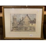 A FRAMED PRINT OF CHURCH LANE, NANTWICH, SIGNED TO THE BOTTOM RIGHT (GLASS A/F)