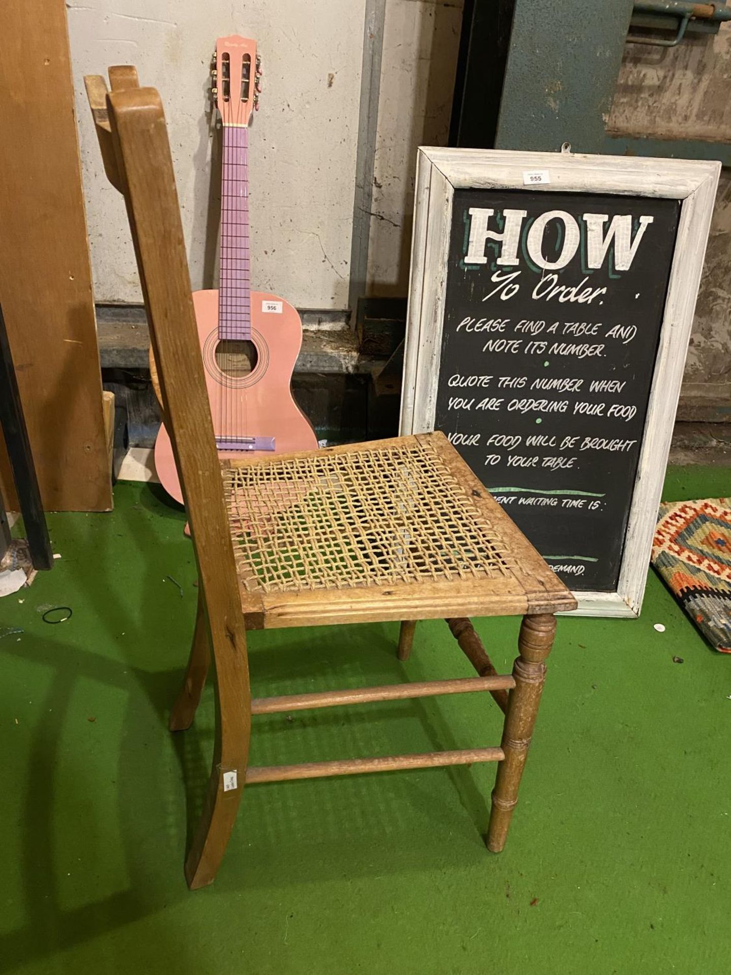 A PINE CHAIR WITH A CARVED BACK STRETCHER AND A RATTAN SEAT - Image 3 of 3