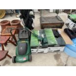 TWO BOXED QUALCAST LAWN MOWERS, A FURTHER LAWN MOWER AND A HEDGE TRIMMER
