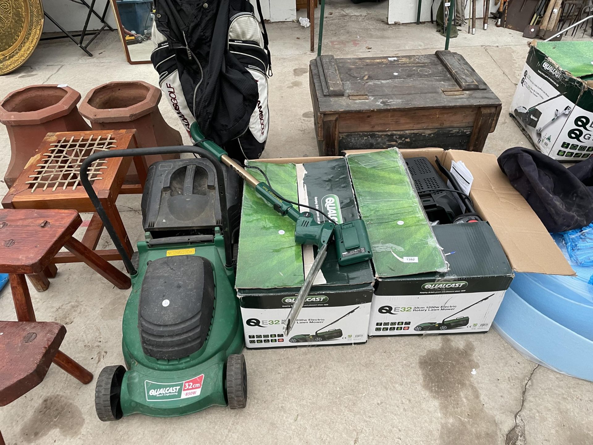 TWO BOXED QUALCAST LAWN MOWERS, A FURTHER LAWN MOWER AND A HEDGE TRIMMER