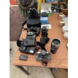 AN ASSORTMENT OF PHOTOGRAPHY EQUIPMENT TO INCLUDE A MIRANDA FLASH, OLYMPUS LENS AND AN OLYMPUS