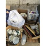 AN ASSORTMENT OF HOUSEHOLD CLEARANCE ITEMS TO INCLUDE CERAMICS, BEROMETER AND PRINTS