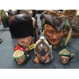 FIVE TOBY JUGS TO INCLUDE, ROYAL DOULTON 'THE GUARDSMAN', SYLVAC 'LIFEGUARD', AND MINIATURE EXAMPLES