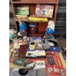 A LARGE ASSORTMENT OF ITEMS TO INCLUDE CHESS PIECES, TWO SMURF SOFT TOYS AND VARIOUS RETRO BEER MATS