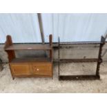 A VICTORIAN TWO DOOR WALL CABINET/SHELF AND SET OF OAK THREE TIER WALL SHELVES