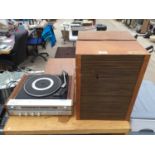 A GARRARD FIDELITY RECORD PLAYER AND TWO WOODEN CASED SPEAKERS