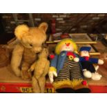 A VINTAGE TEDDY SIZE 54CM, A VINTAGE TEDDY 34CM IN NEED OF TLC, PLUS TWO KNITTED TOYS