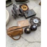 AN ASSORTMENT OF ITEMS TO INCLUDE A TREEN CARVED CANON, TWO VINTAGE WOODS AND A BEROMETER ETC
