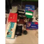 VINTAGE CAMERAS AND VIEWERS TO INCLUDE, CASED RICOH, CASED ENSIGN, MINOLTA MINI PROJECTOR, JESSOPS