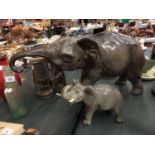 A LARGE ROYAL DOULTON ELEPHANT A/F - MISSING A TUSK - HEIGHT, 30CM, AND A SMALLER MELBA WARE