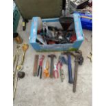 A LARGE ASSORTMENT OF TOOLS TO INCLUDE GRIPS, PLIERS, HAMMERS AND A FUNNEL ETC