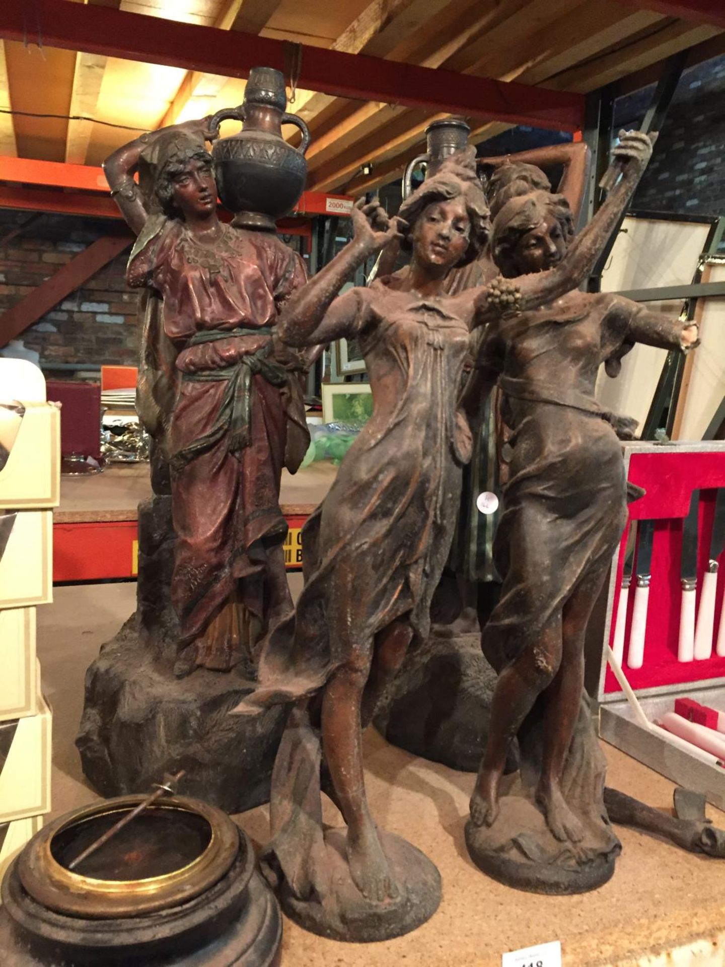 FOUR FIGURINES TO INCLUDE TWO CLASSICAL STYLE WOODEN ONES, SIZE 55CM, AND TWO SPELTER LADIES SIZE - Image 2 of 3