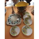 FIVE SHELLEY PLATES 'DAFFODIL TIME', A MASONS CANDLESTICK, WADE GREEN, GOLD AND YELLOW VASE, ETC