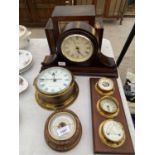 AN ASSORTMENT OF VARIOUS CLOCKS AND BEROMATERS TO INCLUDE A SHIPS CLOCK AND TWO MANTLE CLOCKS ETC