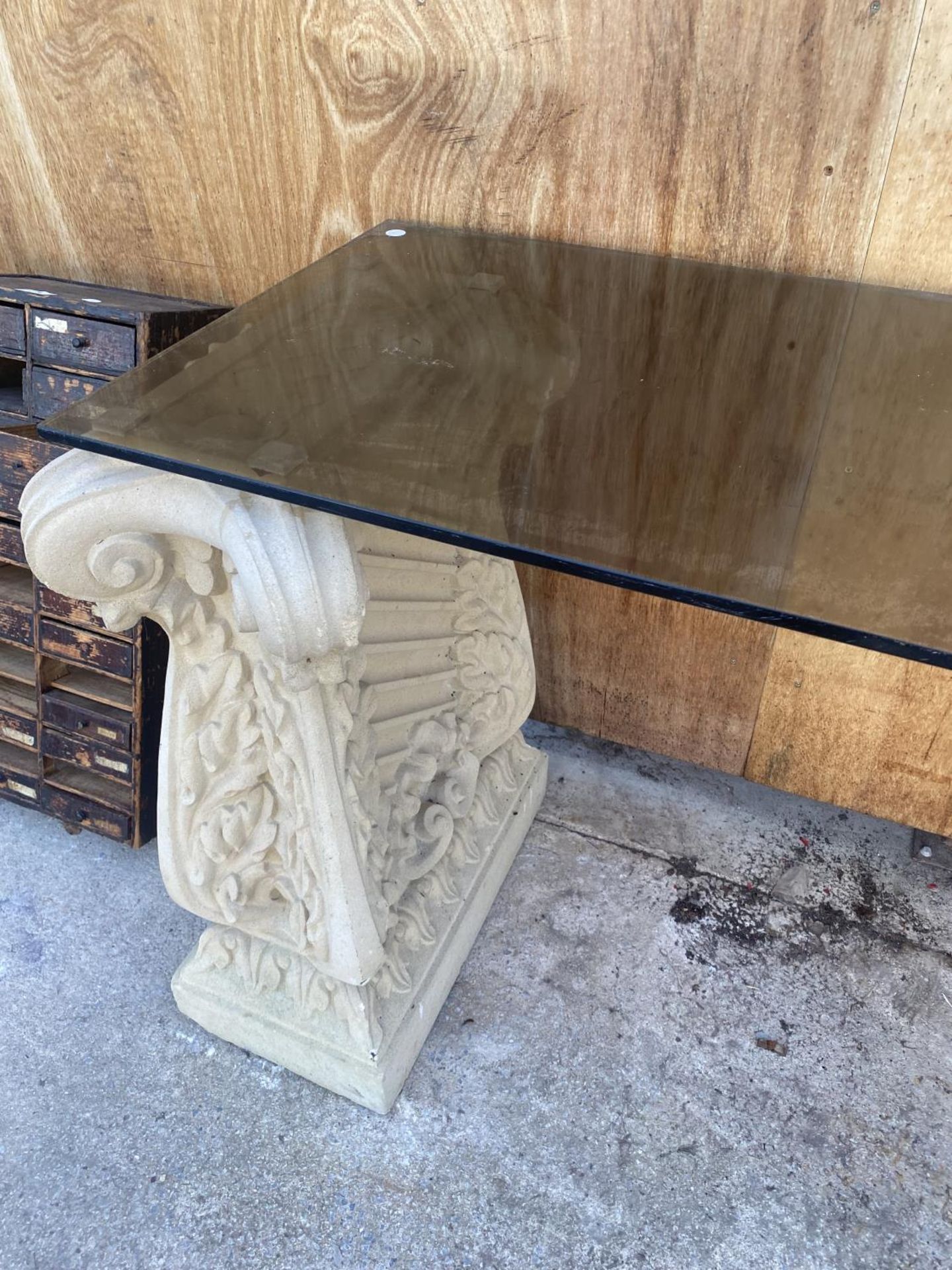 A GLASS TOPPED TABLE WITH RECONSTITUTED STONE PEDASTEL BASES (L:121CM H:73CM) - Image 2 of 5