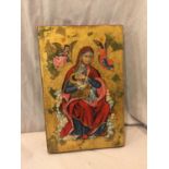 A WOODEN PLAQUE DECORATED WITH AN AIMAGE OF HOLY MOTHER GALAKTOTROFUSA