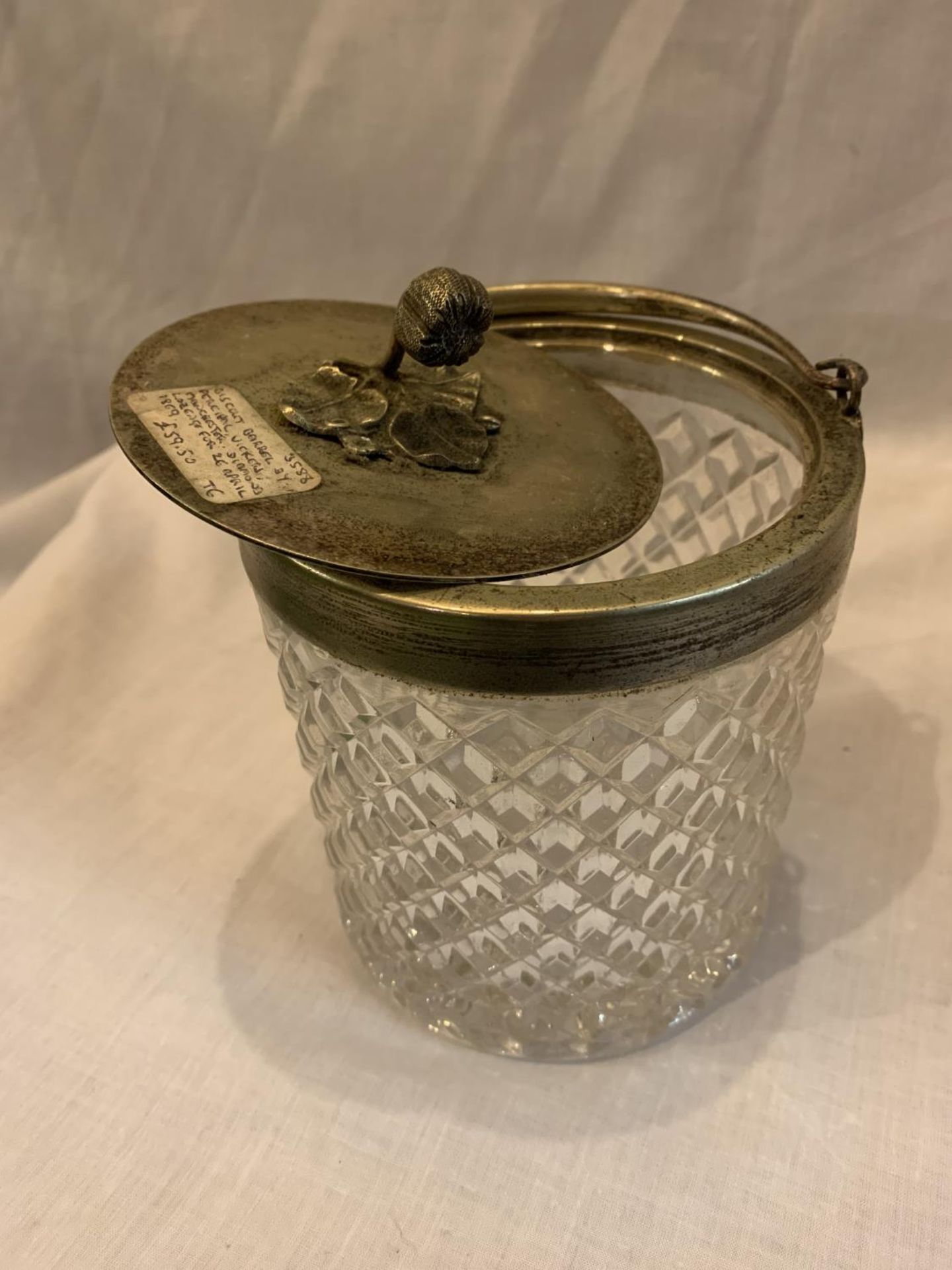 A BISCUIT BARREL BY PERCIVAL VICKERS MANCHESTER DIAMOND LOZENGE CUT GLASS AND A SILVER PLATED LID, - Image 3 of 3