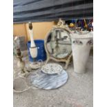 AN ASSORTMENT OF ITEMS TO INCLUDE LAMPS, A SWING FRAME MIRROR AND A PLANTER ETC
