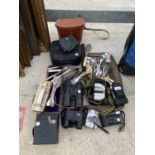 AN ASSORTMENT OF ITEMS TO INCLUDE FLAT WARE, BINOCULARS AND CAMERAS ETC