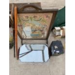 AN ASSORTMENT OF ITEMS TO INCLUDE AN ART DECO MIRROR, TWO WALKING STICKS AND A FIRE SCREEN ETC