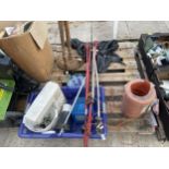 AN ASSORTMENT OF HOUSEHOLD CLEARANCE ITEMS TO INCLUDE TOOLS, STRING AND A STANDARD LAMP ETC